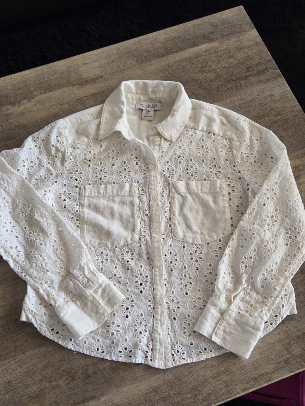 Rachel Zoe Eyelet Button Down Cotton Shirt in White Size Medium Coastal Boho